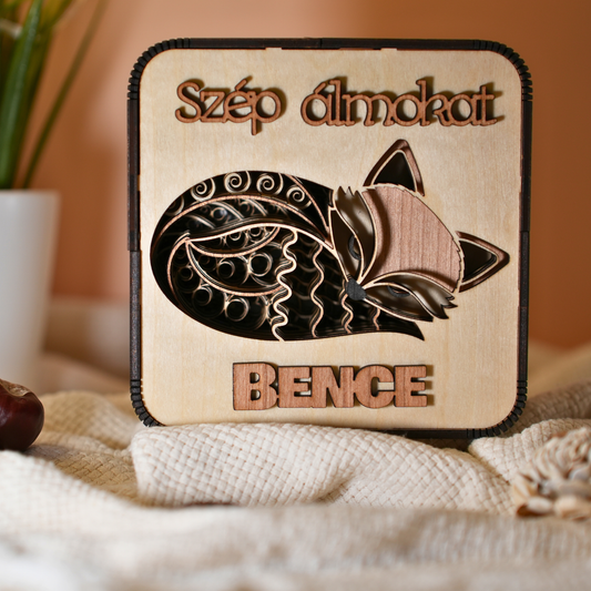 Prémium Névre Szóló Rókás Fa Éjszakai Fény - Cseresznyefa Betéttel