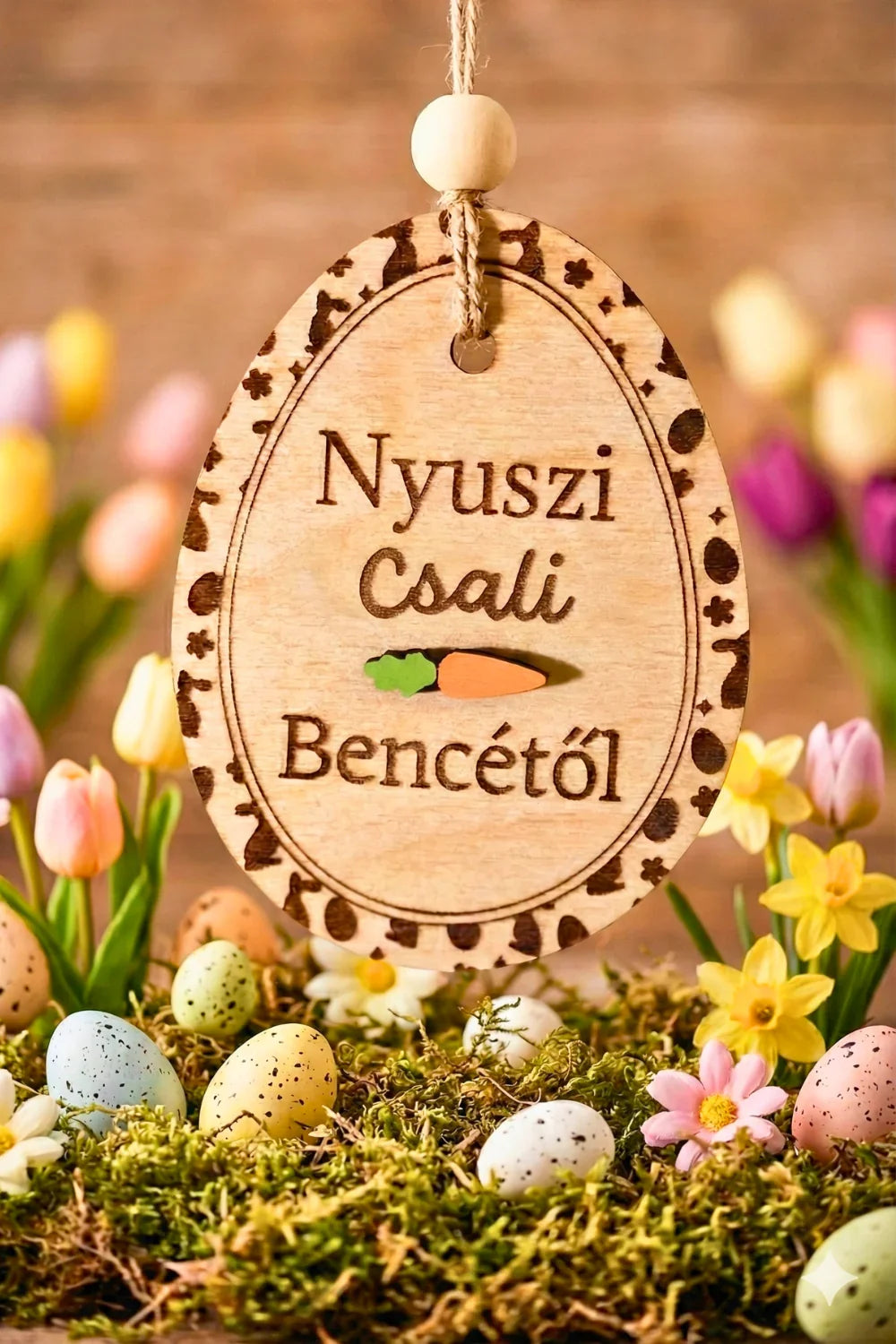 Kézzel készült fa húsvéti tojás dekoráció, gravírozott szöveggel, Zsempiri, tavaszi virágokkal
