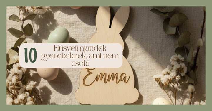 Névre szóló húsvéti fa nyuszidísz Emma felirattal, színes tojásokkal és száraz virágokkal dekorálva.