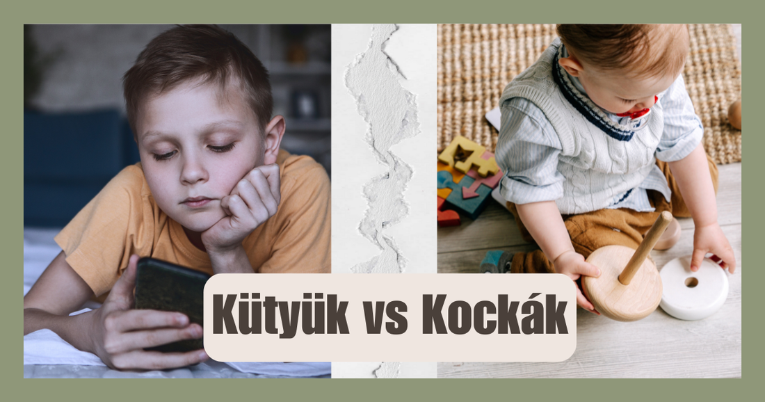 Fiú okostelefonnal, kisgyermek fa játékokkal, Kütyük vs Kockák, kézzel készült fa tárgyak