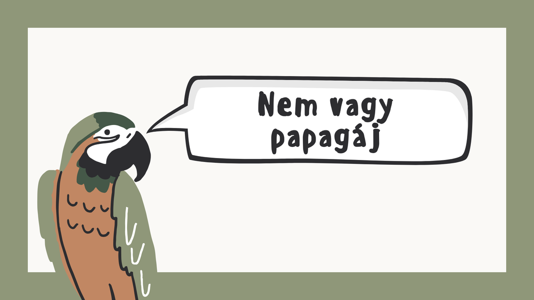 Rajzolt papagáj beszéd buborékkal, benne a szöveg: Nem vagy papagáj, Zsempiri fa tárgyak stílusosan