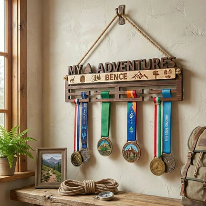 Kézzel készült fa éremtartó a falon, túraérmékkel, természetes dekorációval.
