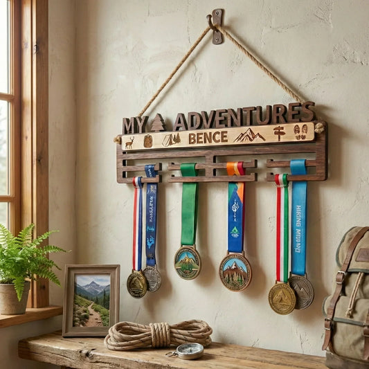 Kézzel készült fa éremtartó a falon, túraérmékkel, természetes dekorációval.