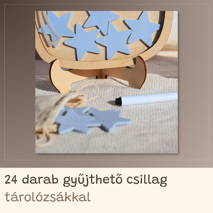 Kézzel készült fa tároló, világoskék gyűjthető csillagokkal és pamut zsákkal.