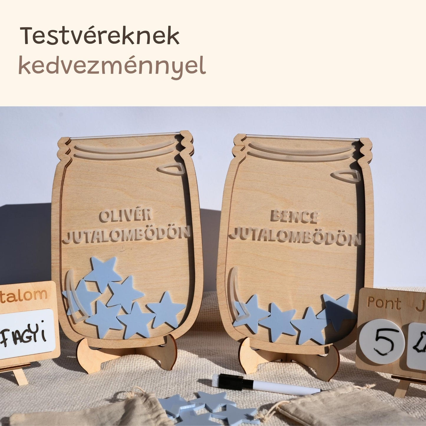 Kézzel készült fa jutalombödön gyerekeknek, testvéreknek szánt névreszóló ajándék