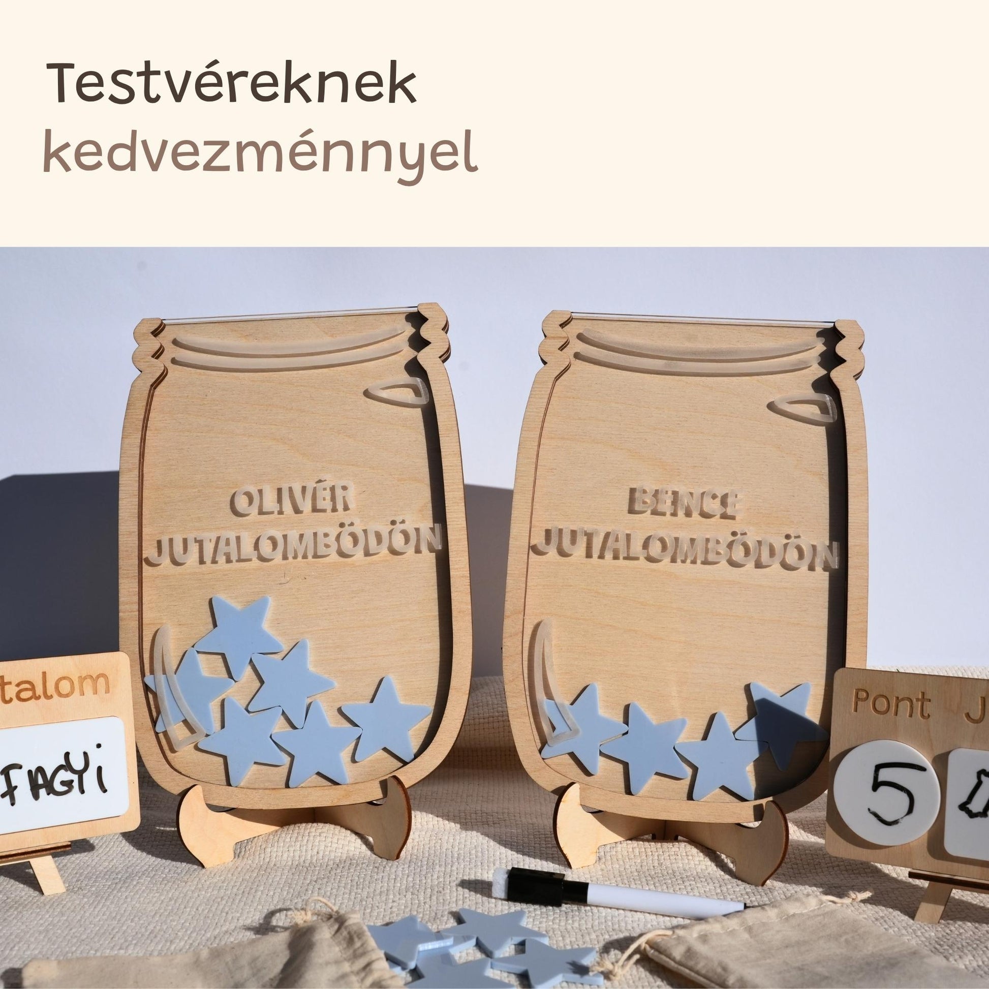 Kézzel készült fa jutalombödön gyerekeknek, testvéreknek szánt névreszóló ajándék
