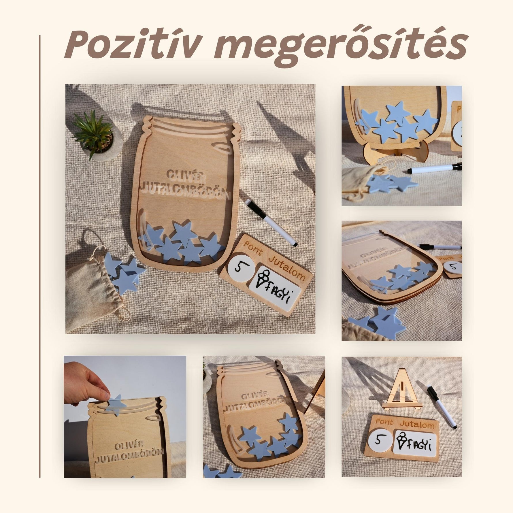 Pozitív megerősítéshez használható fa jutalomüveg kék csillagokkal, névtáblával és filctollal.