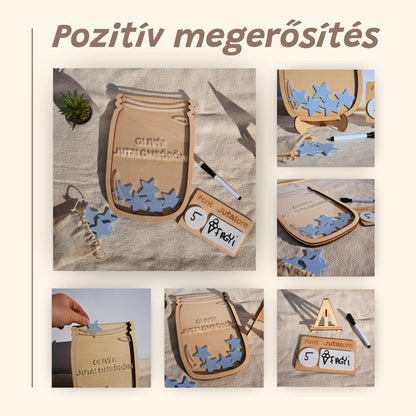 Pozitív megerősítéshez használható fa jutalomüveg kék csillagokkal, névtáblával és filctollal.