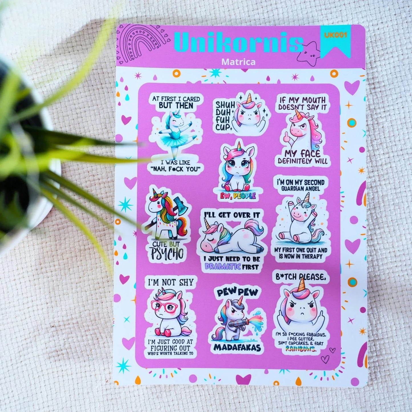 Unikornis matrica ív – Pimasz feliratos, fehér