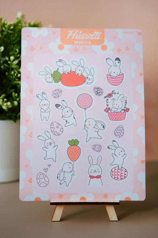 Húsvéti matrica ív aranyos nyuszikkal, tojásokkal és répával, Zsempiri kézzel készült dekoráció.