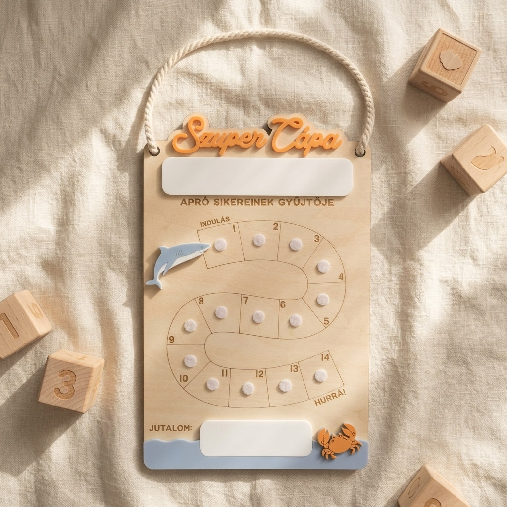 cápás játékos jutalomtábla flatlay — Szuper Cápa fa motivációs tábla fakockákkal, kötélakasztóval