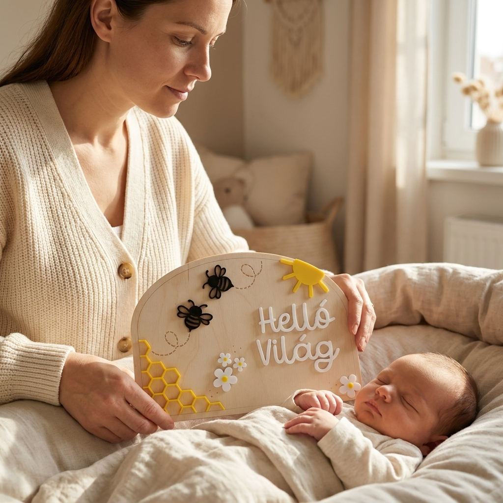 Édesanya újszülött babával és egy Hello Világ feliratú mézes fa baba mérföldkő táblával