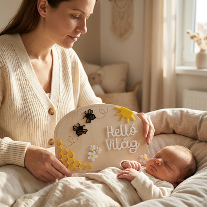 Édesanya újszülött babával és egy Hello Világ feliratú mézes fa baba mérföldkő táblával