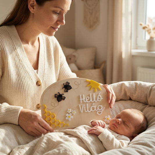 Édesanya újszülött babával és egy Hello Világ feliratú mézes fa baba mérföldkő táblával