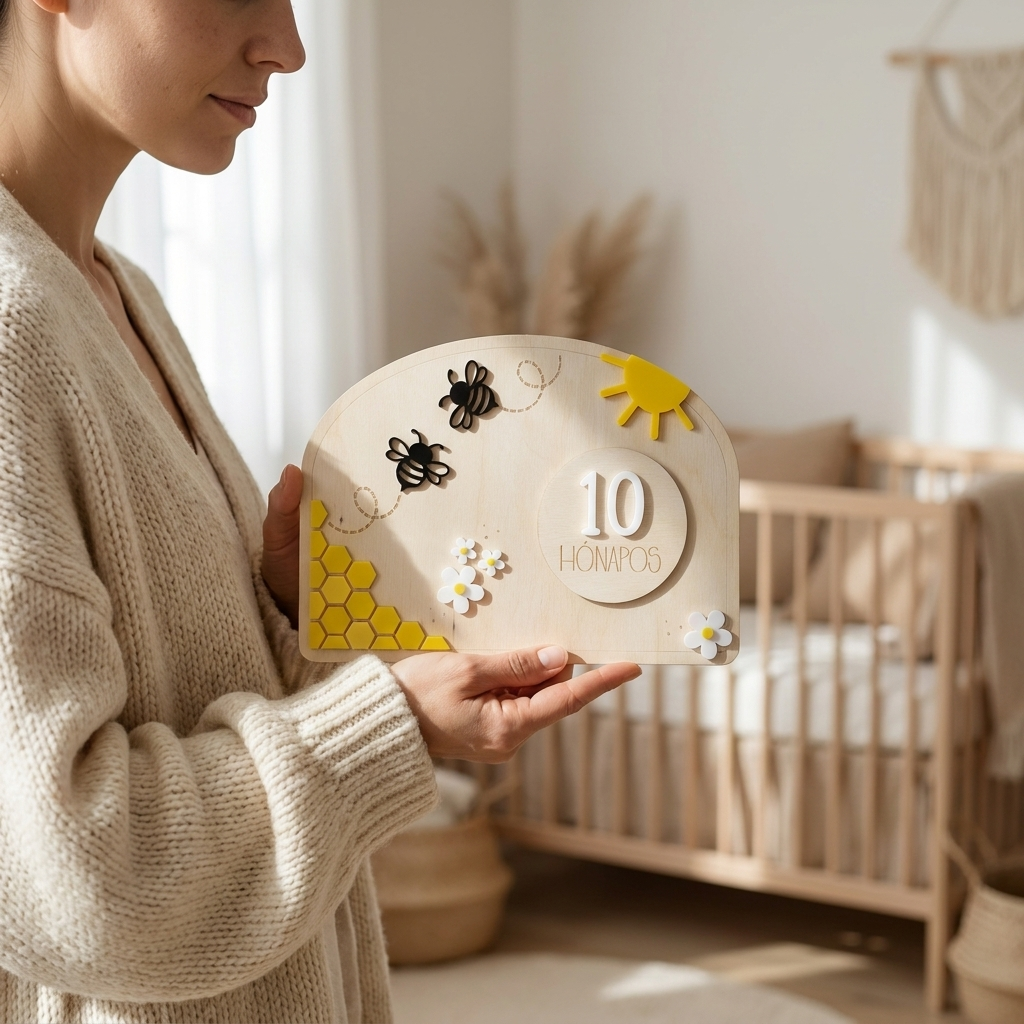Kézzel készített fa baba mérföldkő tábla 10 hónapos felirattal, méhejes díszítéssel