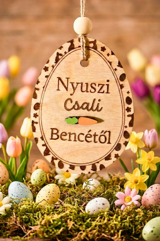 Kézzel készült fa húsvéti tojás dekoráció, gravírozott szöveggel, Zsempiri, tavaszi virágokkal