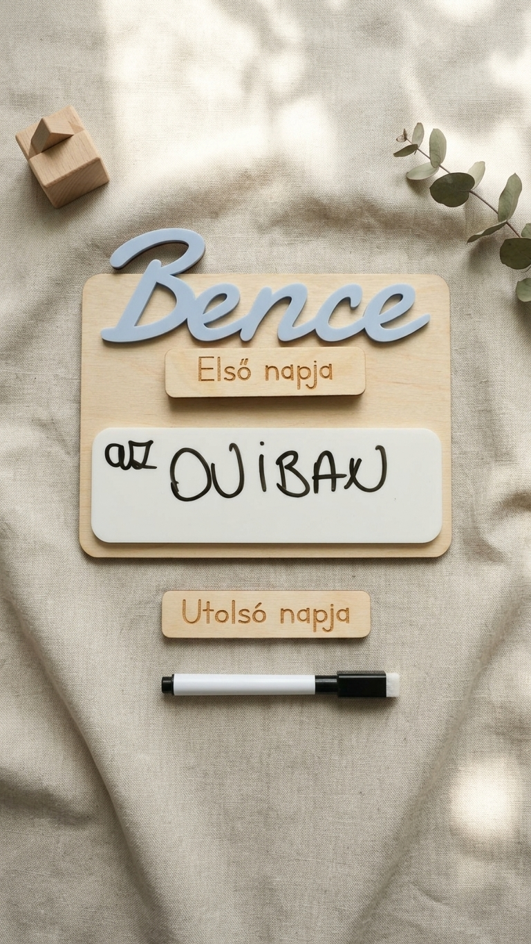 Kézzel készített fa mérföldkő tábla Bence nevű baba számára, fehér felirattáblával.