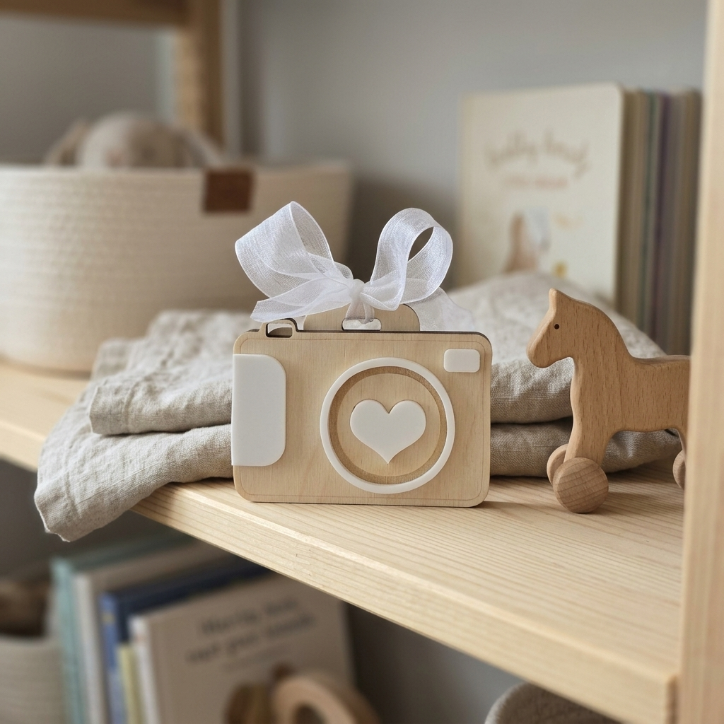 Wooden camera milestone marker with a white bow on a shelf with toys