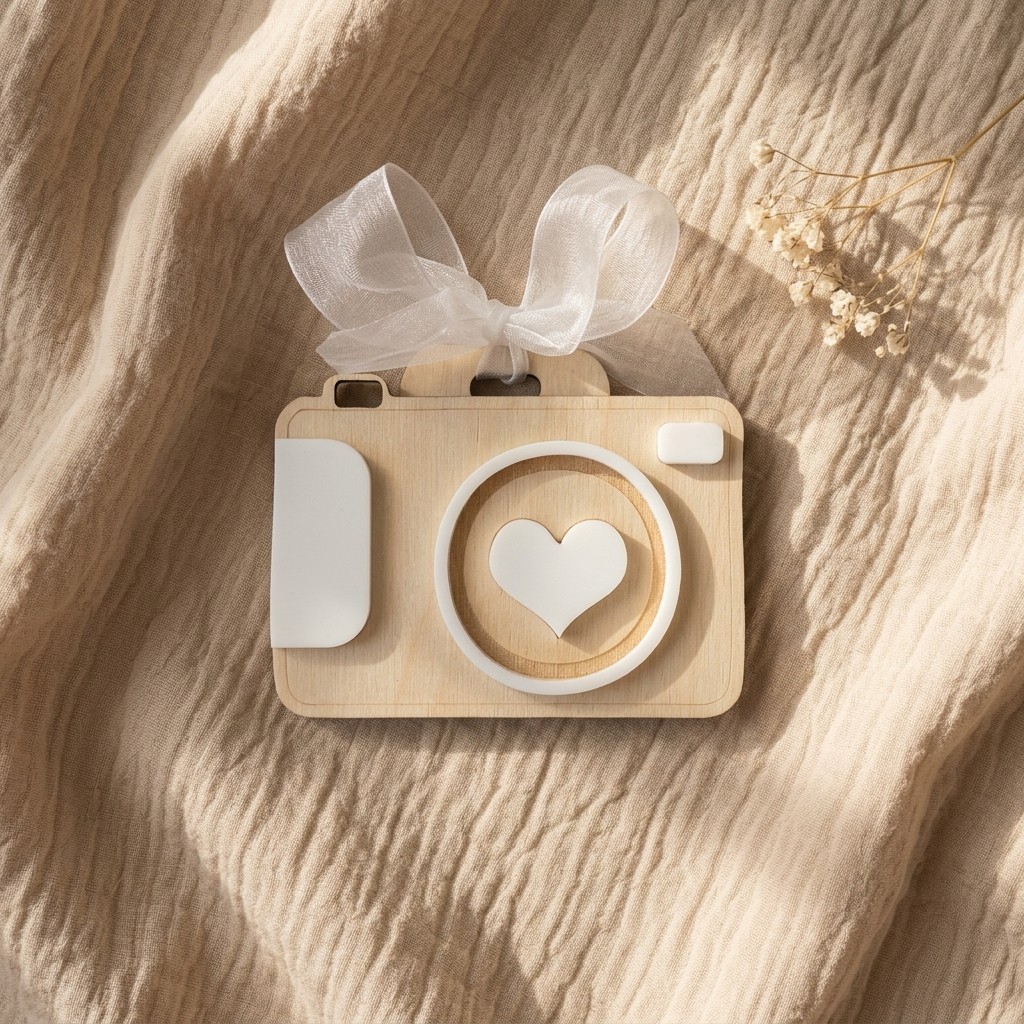 Wooden baby milestone camera prop with heart detail and white ribbon on beige fabric