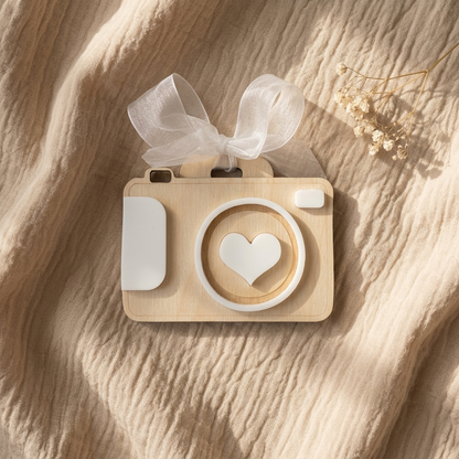 Wooden baby milestone camera prop with heart detail and white ribbon on beige fabric