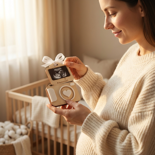 Woman holding a wooden baby milestone camera with a sonogram photo