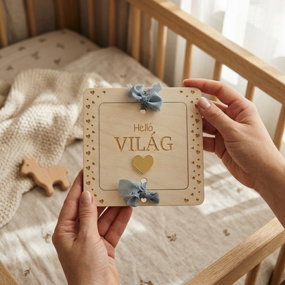 Kézzel készített fa baba mérföldkő tábla 'Helló Világ' felirattal és kék masnis díszíthetéssel